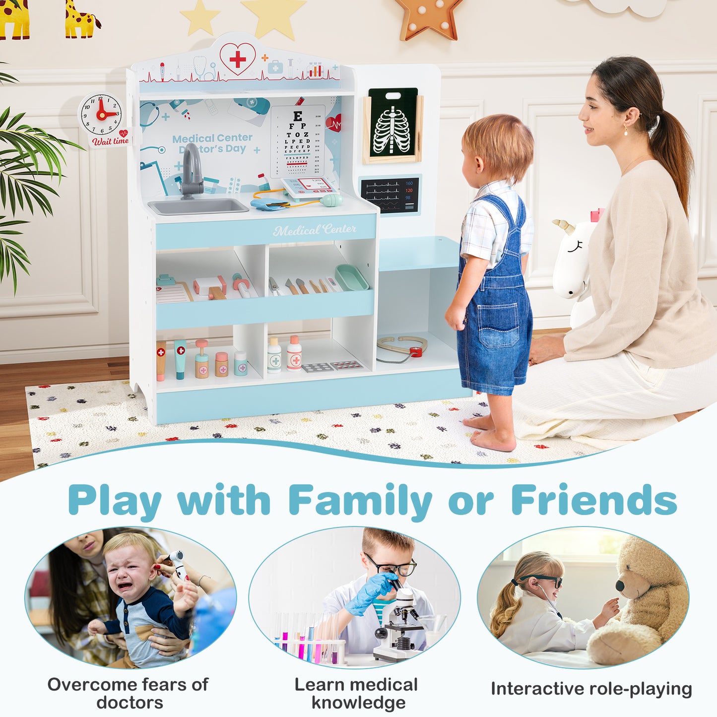 24-Piece Wooden Doctor Play Set | Blue Medical Kit Toys