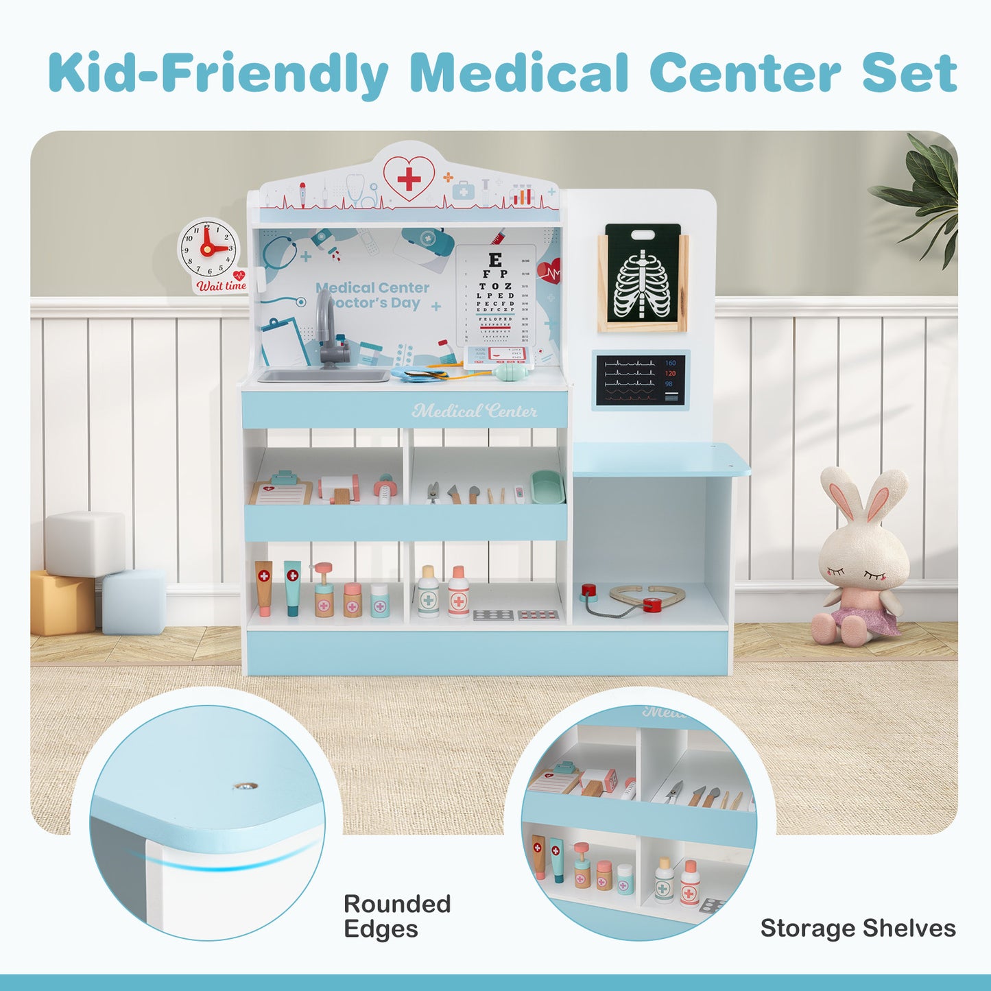 24-Piece Wooden Doctor Play Set | Blue Medical Kit Toys