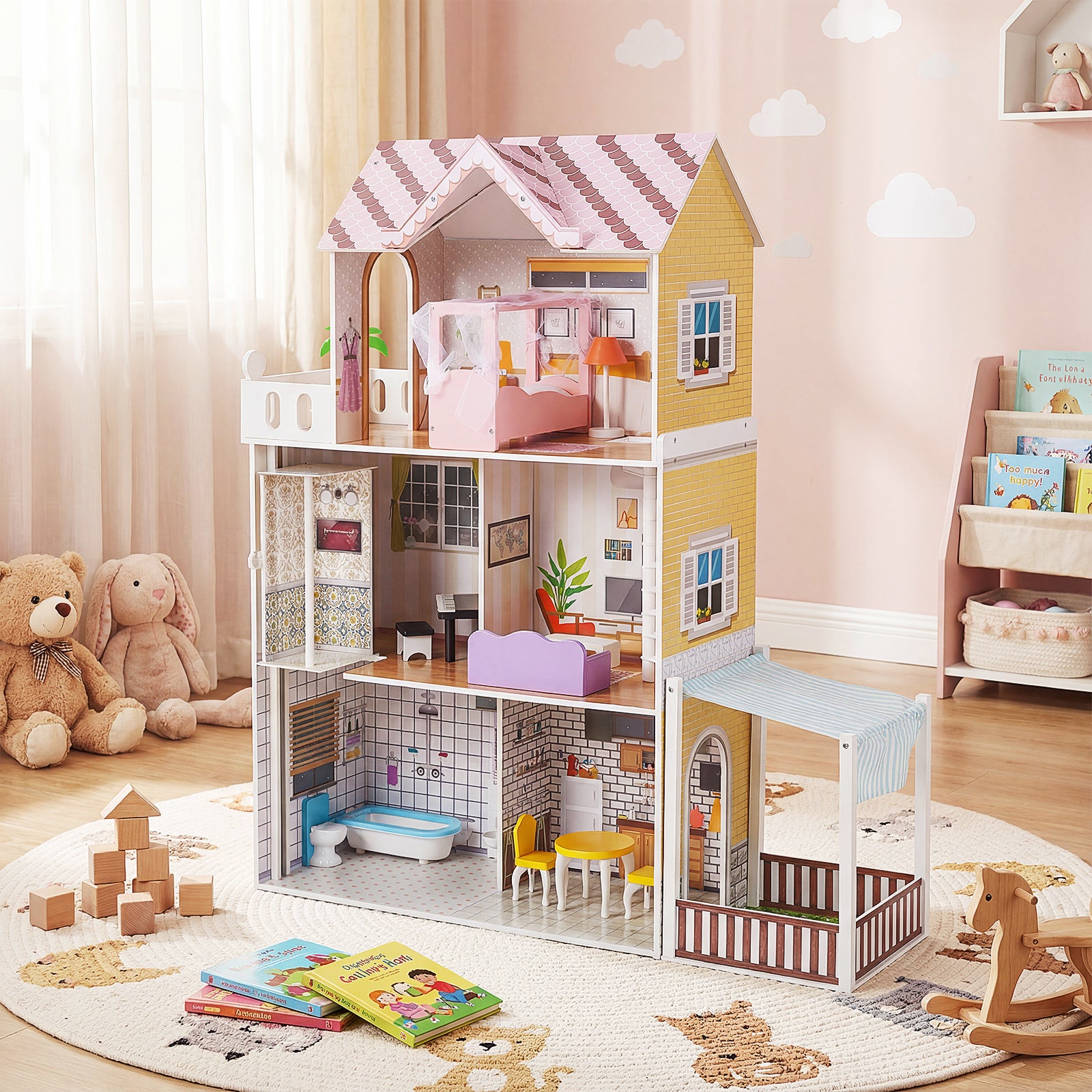 Wooden Dollhouse with 16 Furniture Accessories and Balcony-Pink