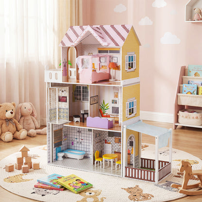 Wooden Dollhouse with 16 Furniture Accessories and Balcony-Pink