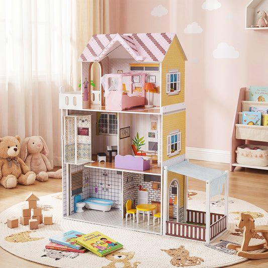 Wooden Dollhouse with 16 Furniture Accessories and Balcony-Pink