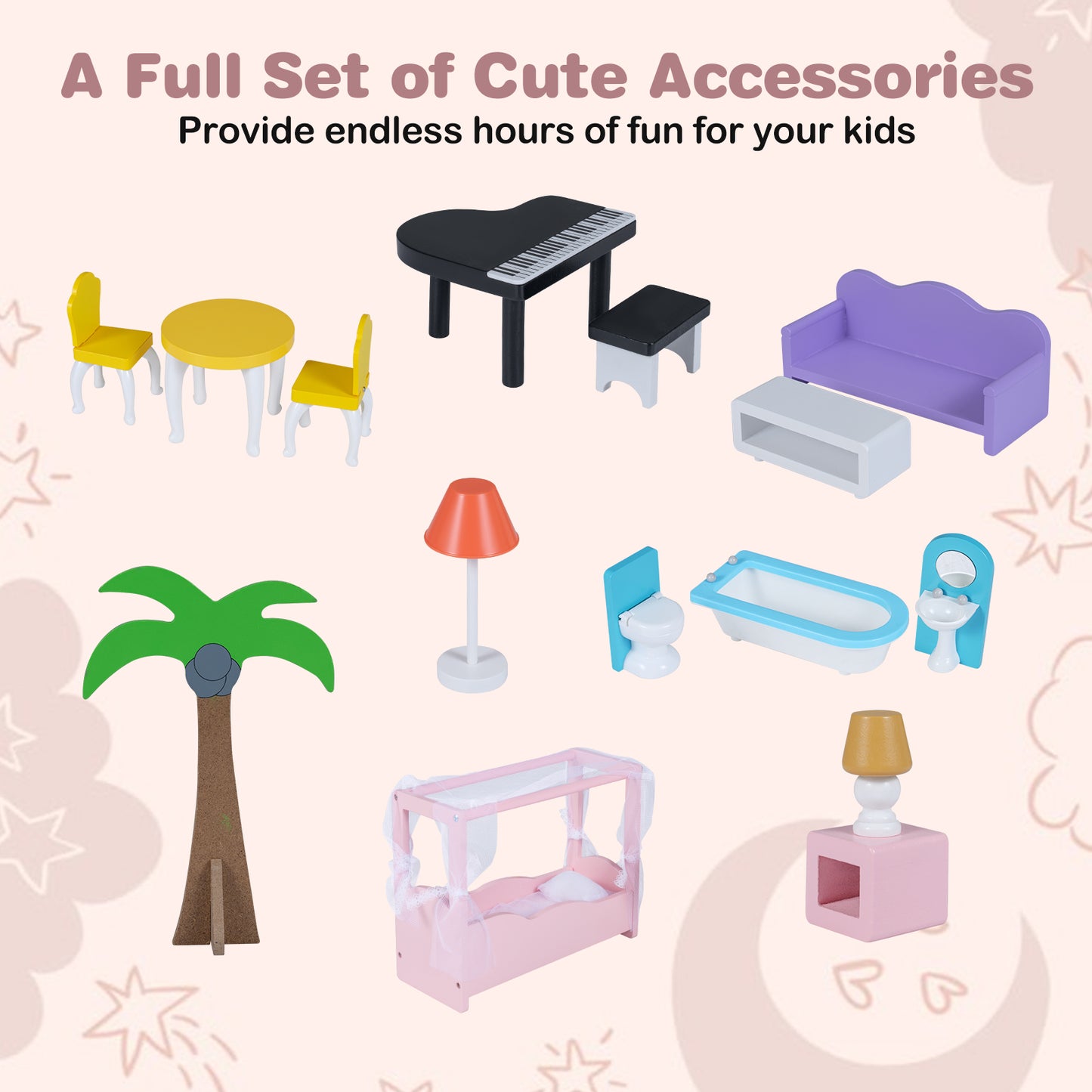 Pink Wooden Dollhouse | Multi-Room with 16 Furniture Pieces