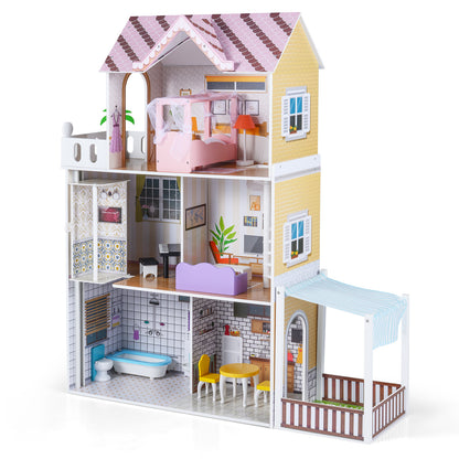 Pink Wooden Dollhouse | Multi-Room with 16 Furniture Pieces