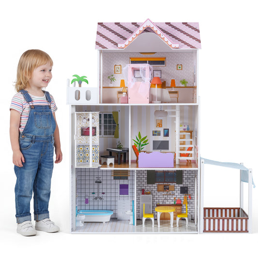Pink Wooden Dollhouse | Multi-Room with 16 Furniture Pieces