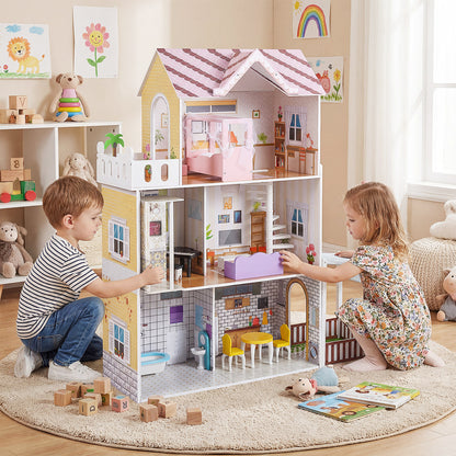 Pink Wooden Dollhouse | Multi-Room with 16 Furniture Pieces