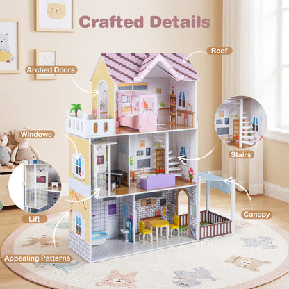 Pink Wooden Dollhouse | Multi-Room with 16 Furniture Pieces