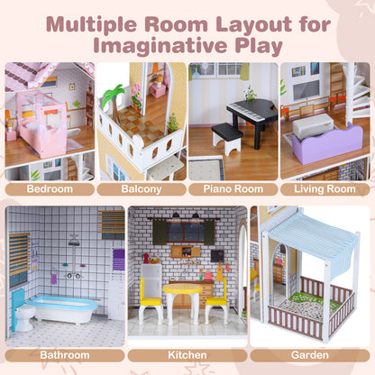 Pink Wooden Dollhouse | Multi-Room with 16 Furniture Pieces