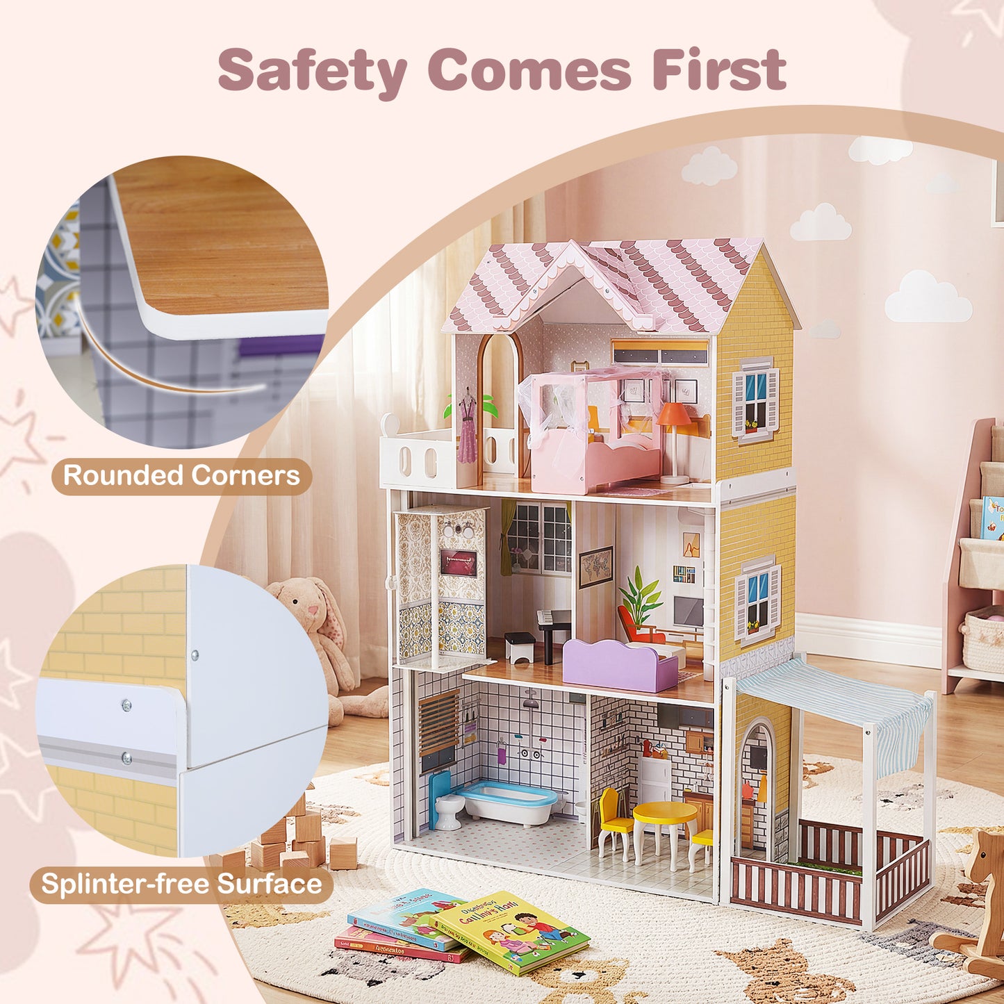 Pink Wooden Dollhouse | Multi-Room with 16 Furniture Pieces