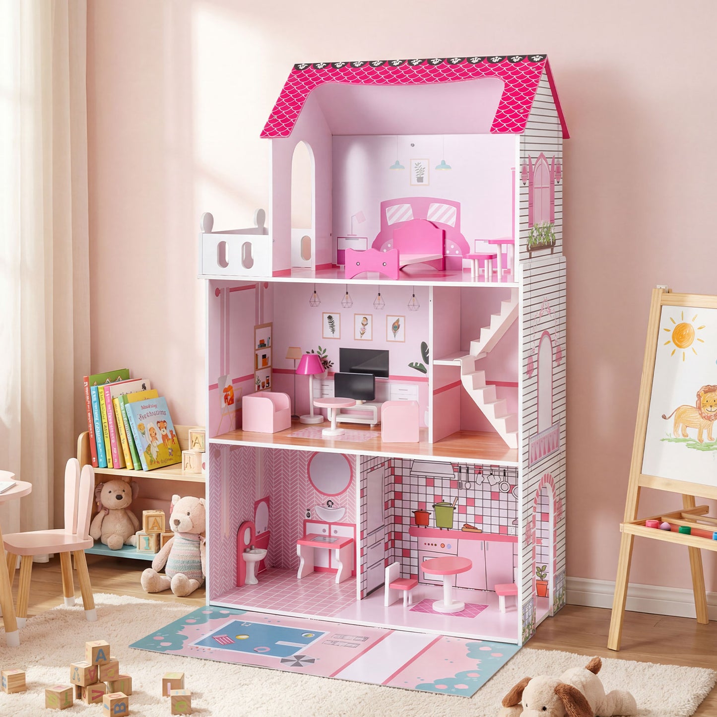 Wooden Dollhouse with 17-Piece Furniture and Staircase Accessories-Pink
