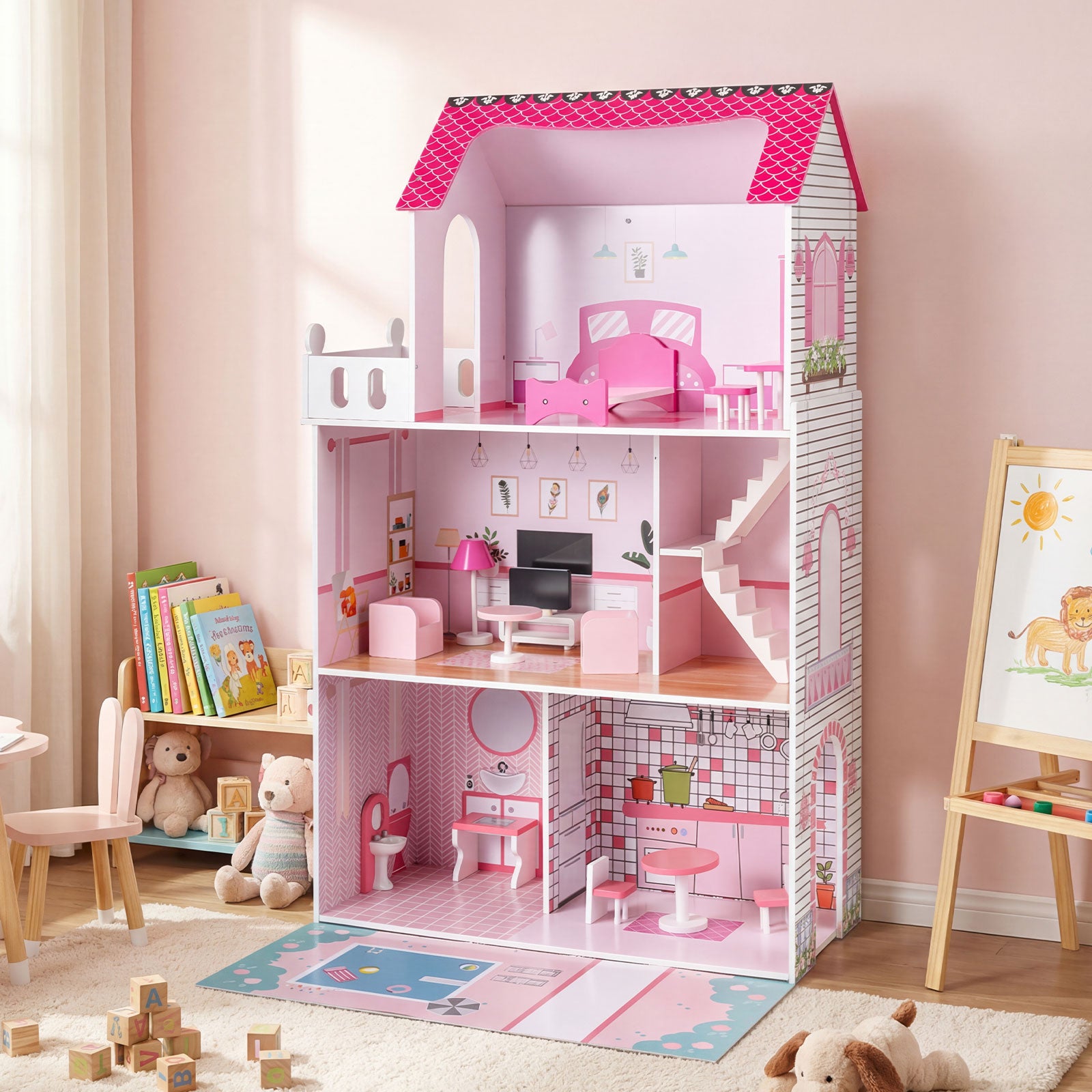 Wooden Dollhouse with 17-Piece Furniture and Staircase Accessories-Pink