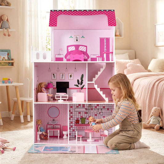 Pink Wooden Dollhouse 3-Story | 17 Furniture Pieces & Pool