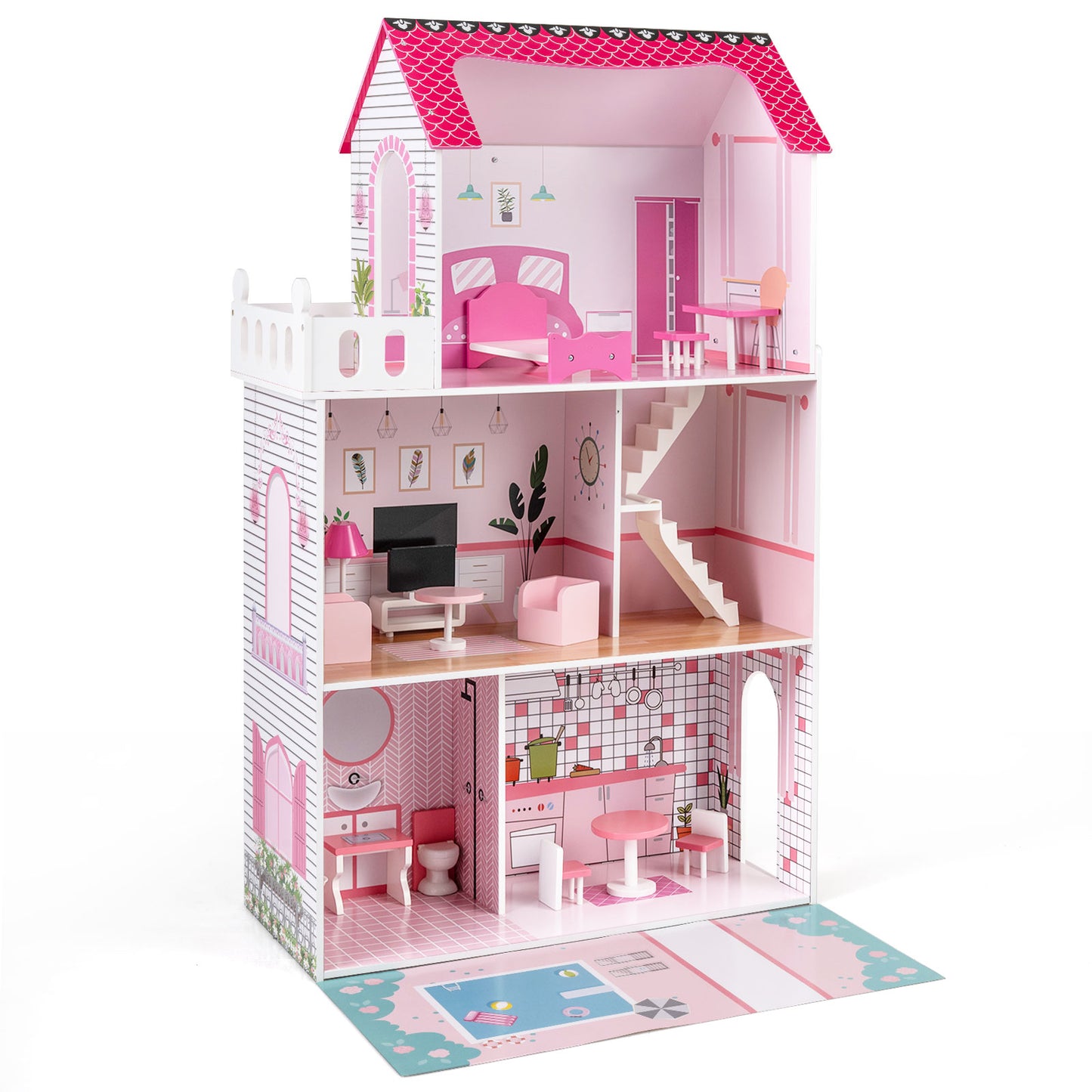 Pink Wooden Dollhouse 3-Story | 17 Furniture Pieces & Pool