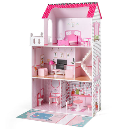 Pink Wooden Dollhouse 3-Story | 17 Furniture Pieces & Pool