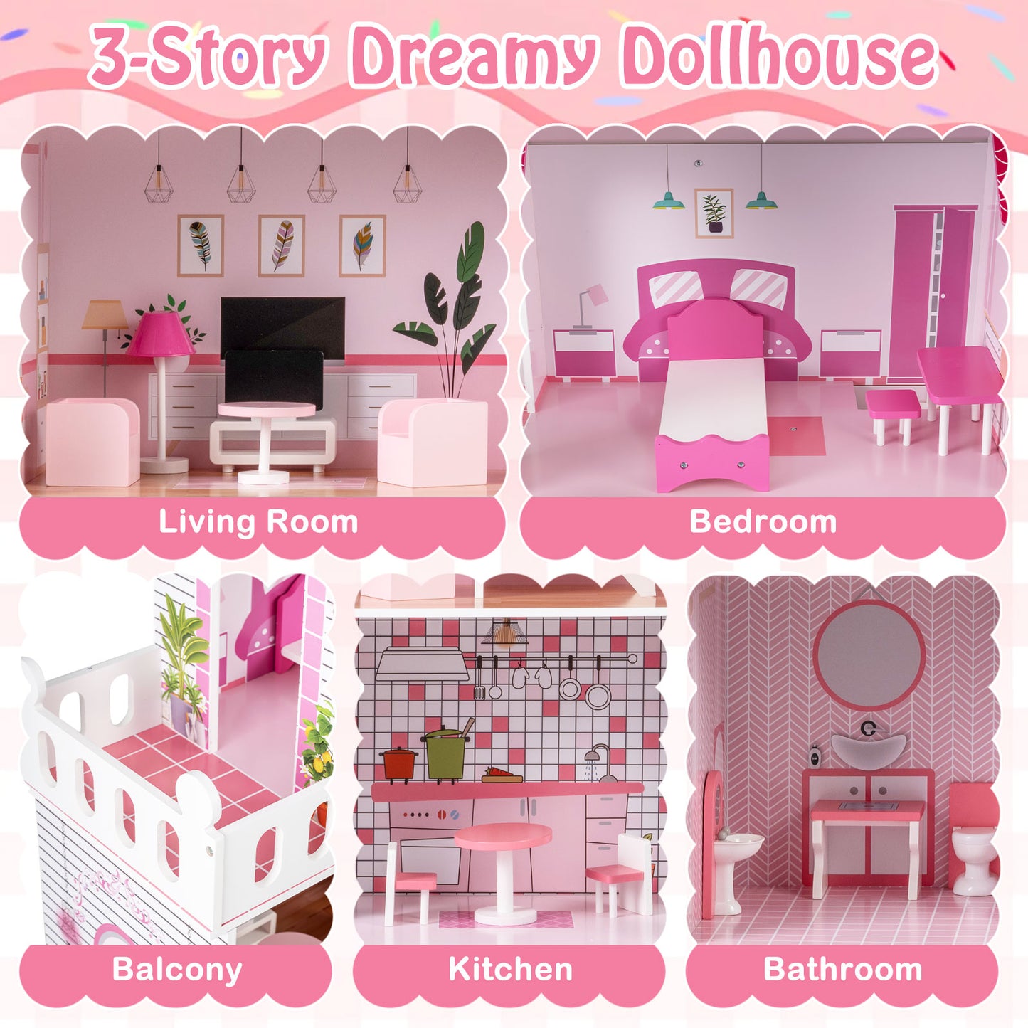 Pink Wooden Dollhouse 3-Story | 17 Furniture Pieces & Pool