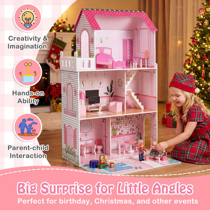 Pink Wooden Dollhouse 3-Story | 17 Furniture Pieces & Pool