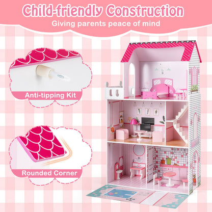 Pink Wooden Dollhouse 3-Story | 17 Furniture Pieces & Pool