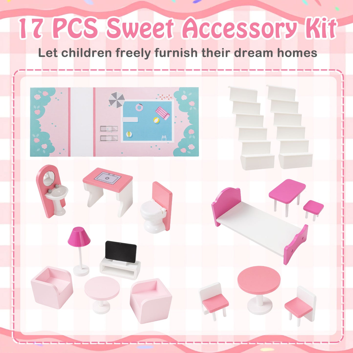 Pink Wooden Dollhouse 3-Story | 17 Furniture Pieces & Pool