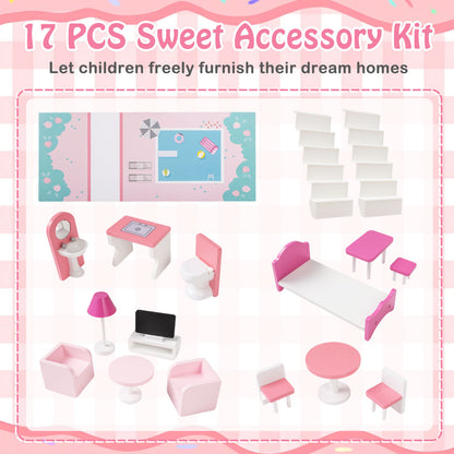 Pink Wooden Dollhouse 3-Story | 17 Furniture Pieces & Pool