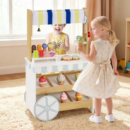 Wooden Ice Cream Cart with Display Shelves and Cream Cones-White