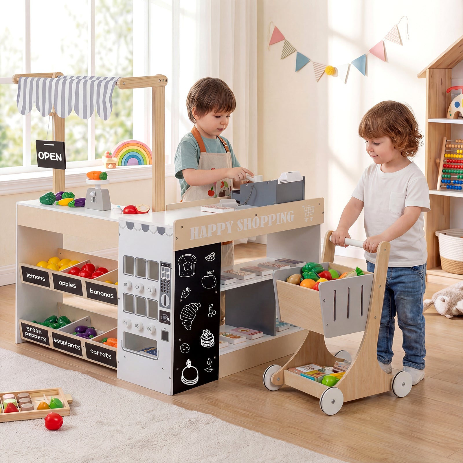 Kids Grocery Store Playset with Shopping Cart and Vending Machine Toy-Natural