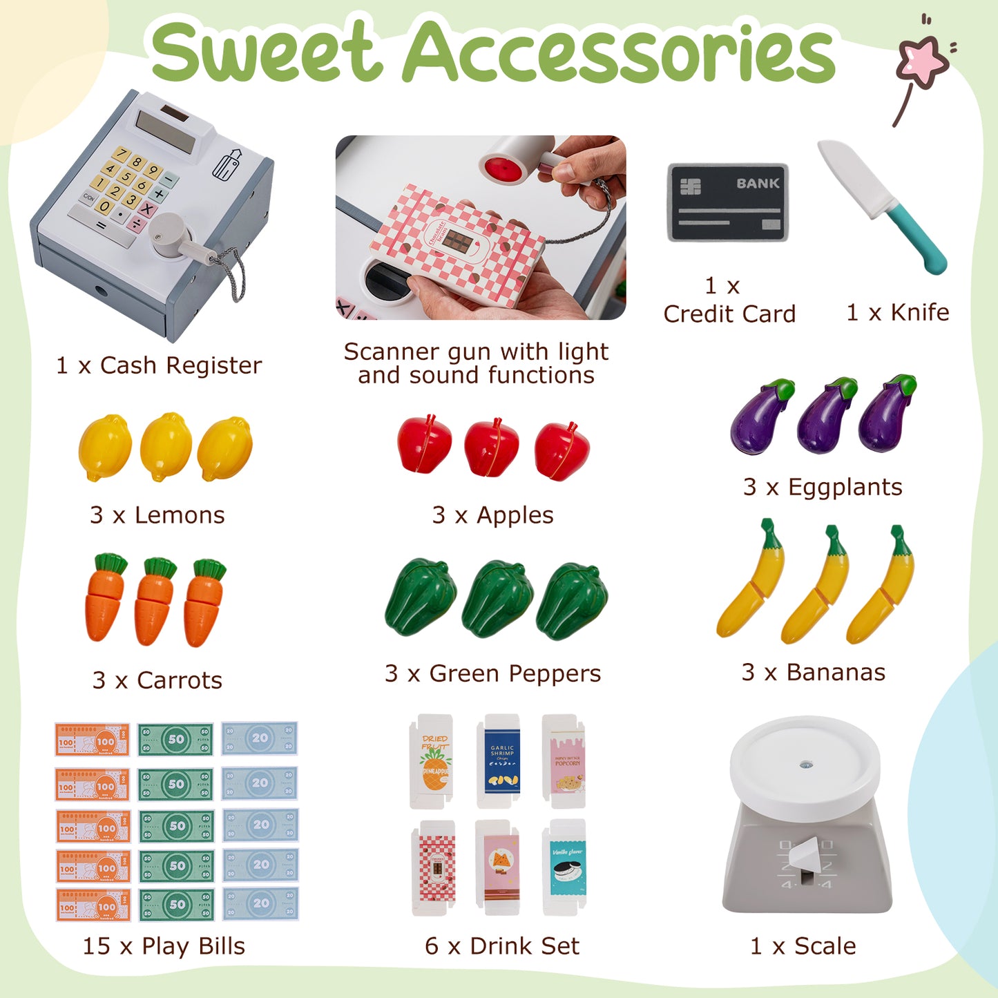 Natural Wood Kids Grocery Store Playset | Shopping Cart Vending