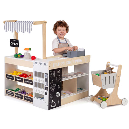 Natural Wood Kids Grocery Store Playset | Shopping Cart Vending