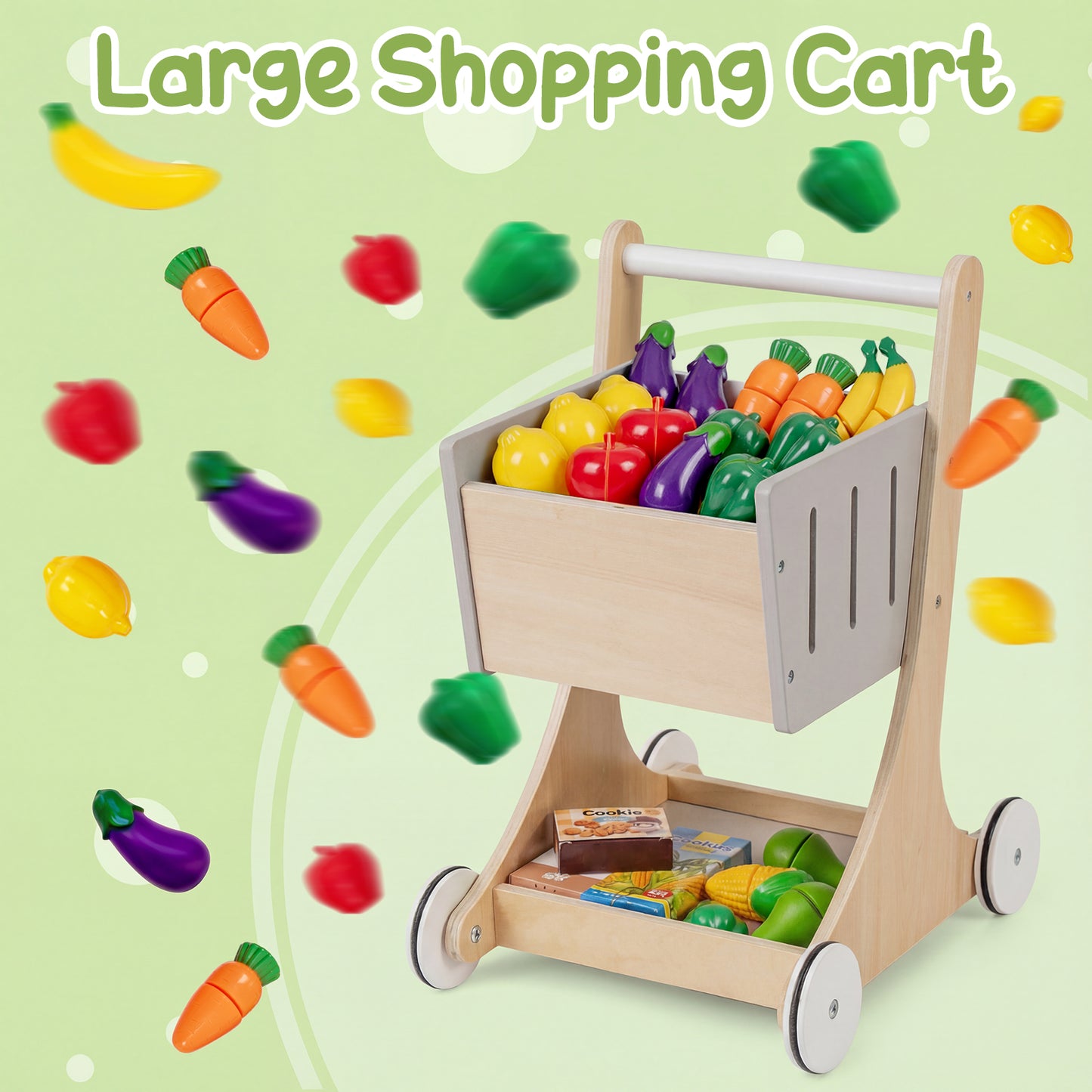 Natural Wood Kids Grocery Store Playset | Shopping Cart Vending
