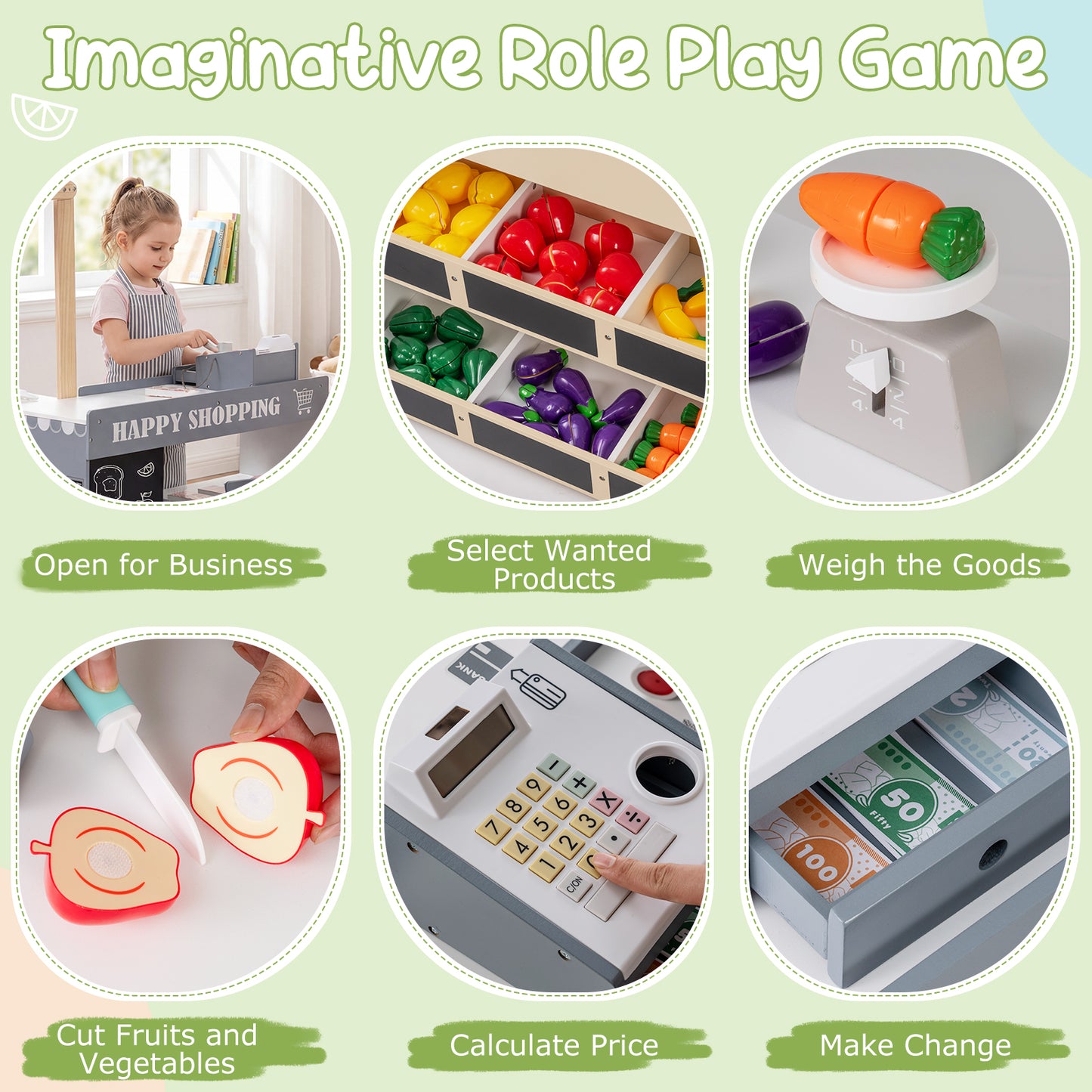 Natural Wood Kids Grocery Store Playset | Shopping Cart Vending