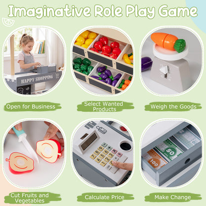 Natural Wood Kids Grocery Store Playset | Shopping Cart Vending
