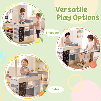Natural Wood Kids Grocery Store Playset | Shopping Cart Vending