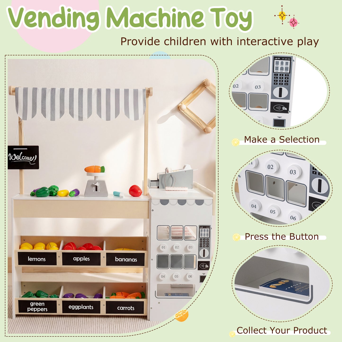 Natural Wood Kids Grocery Store Playset | Shopping Cart Vending