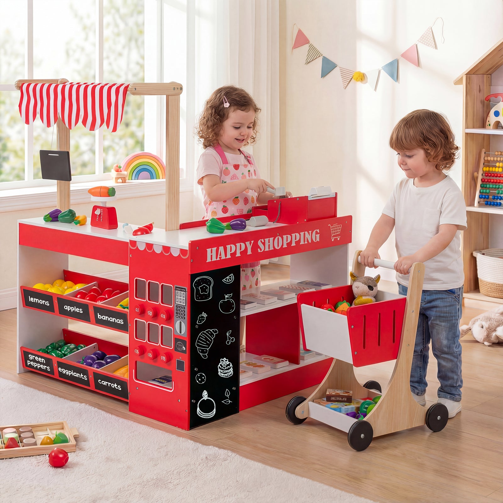 Kids Grocery Store Playset with Shopping Cart and Vending Machine Toy-Red