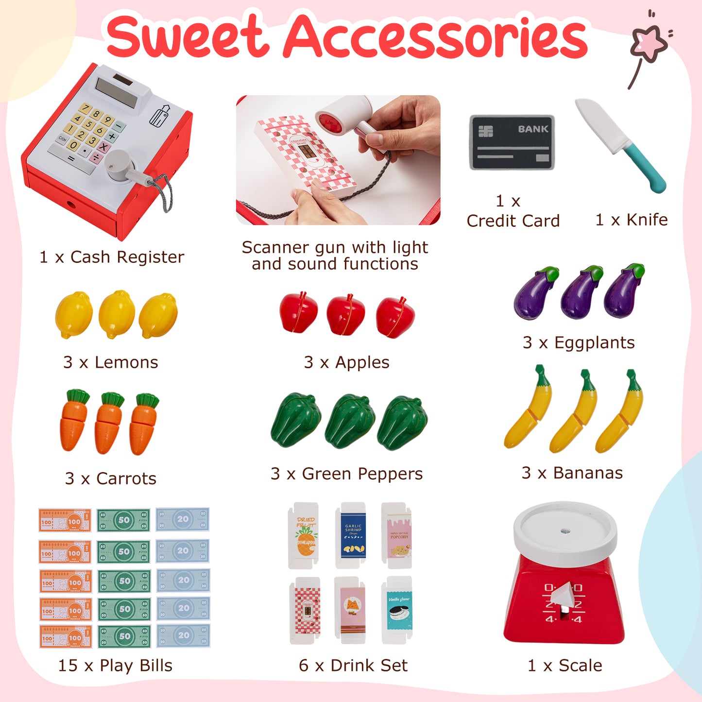 Red Kids Grocery Store Playset | Shopping Cart Vending Machine