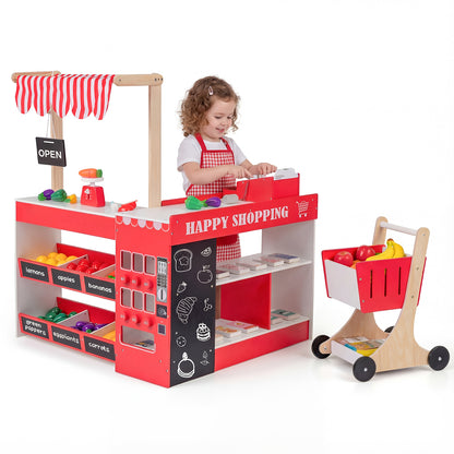 Red Kids Grocery Store Playset | Shopping Cart Vending Machine