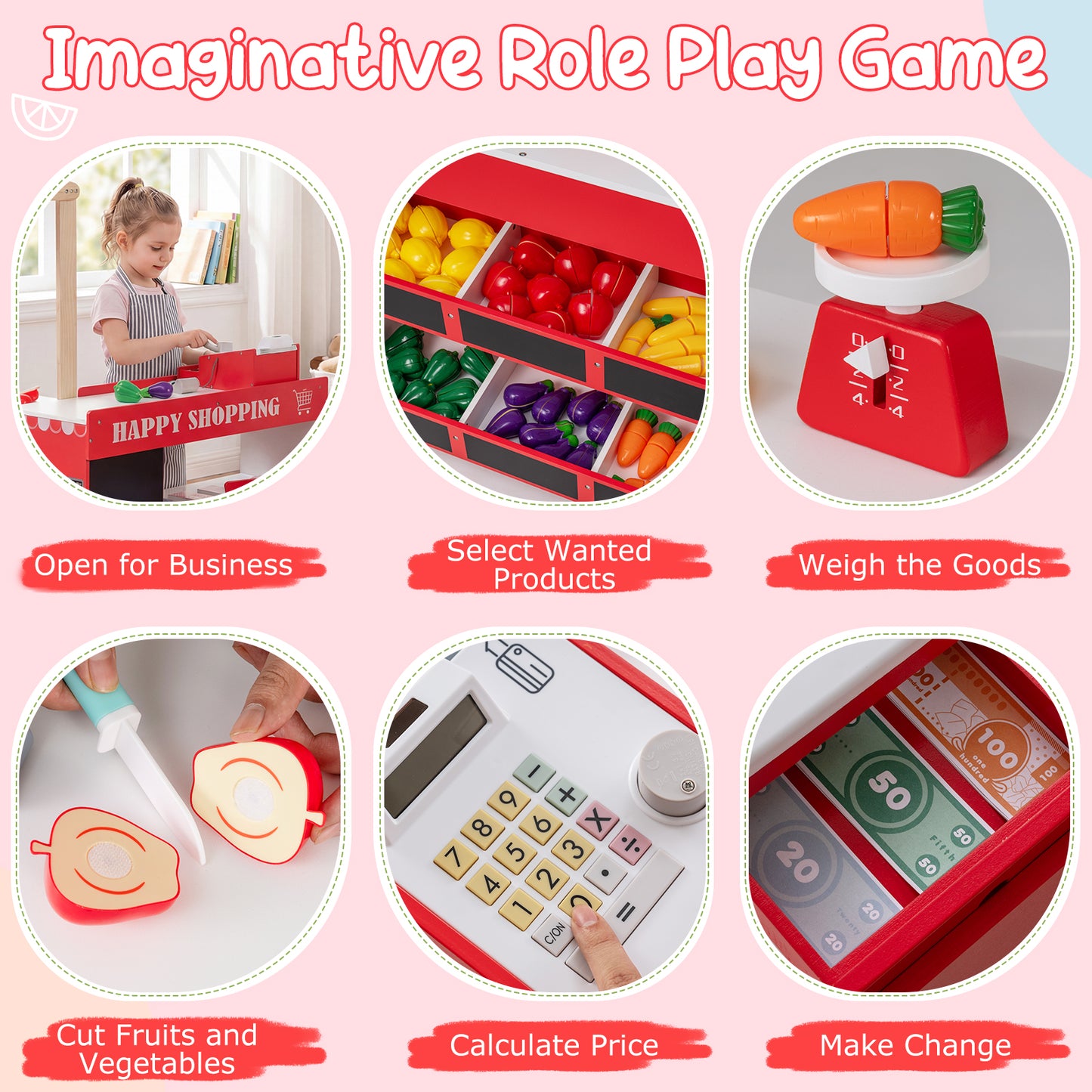 Red Kids Grocery Store Playset | Shopping Cart Vending Machine