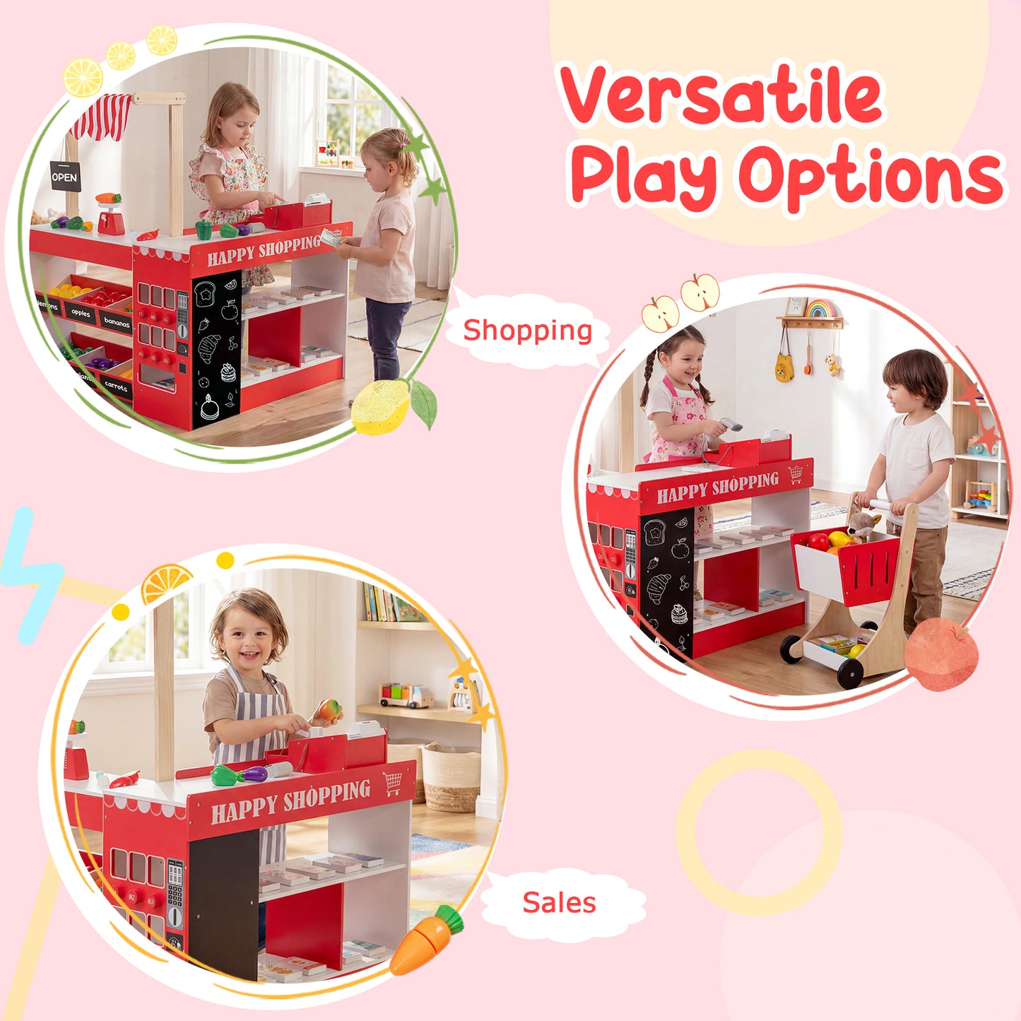 Red Kids Grocery Store Playset | Shopping Cart Vending Machine