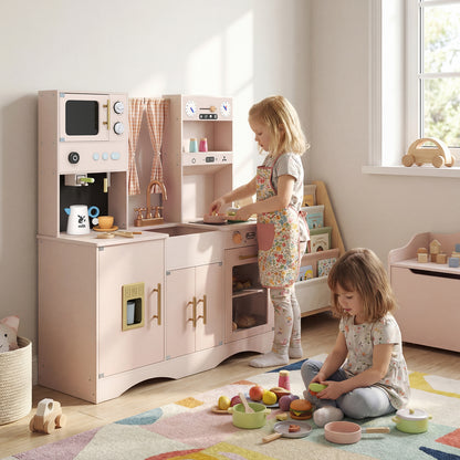 Costway Wooden Kids Kitchen Playset with Microwave Sink for Ages 3+-Pink