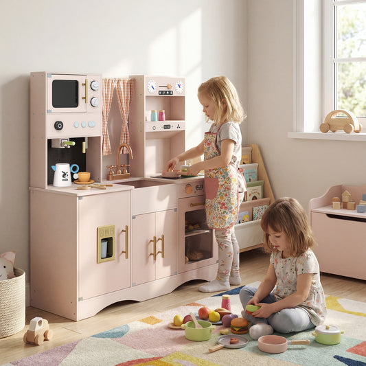 Costway Wooden Kids Kitchen Playset with Microwave Sink for Ages 3+-Pink