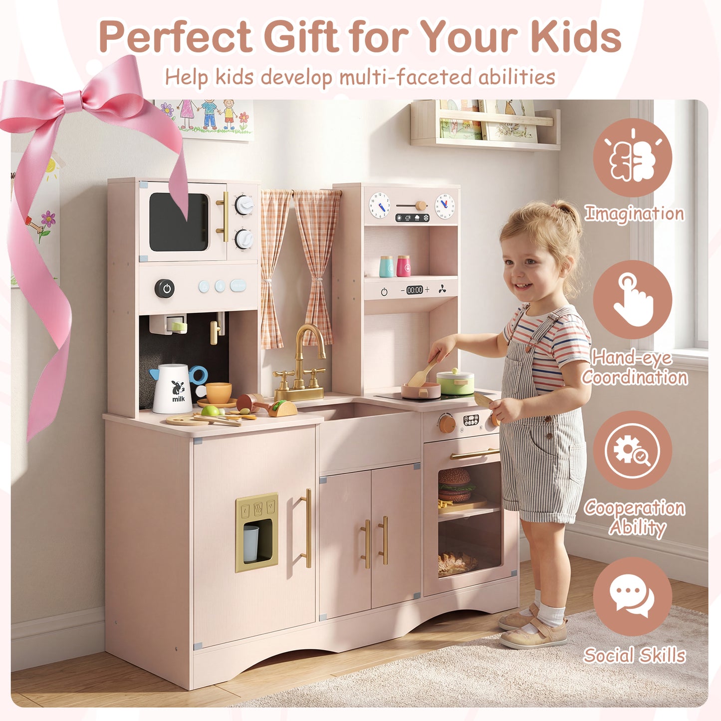 Pink Wooden Kids Kitchen Playset | Microwave Sink