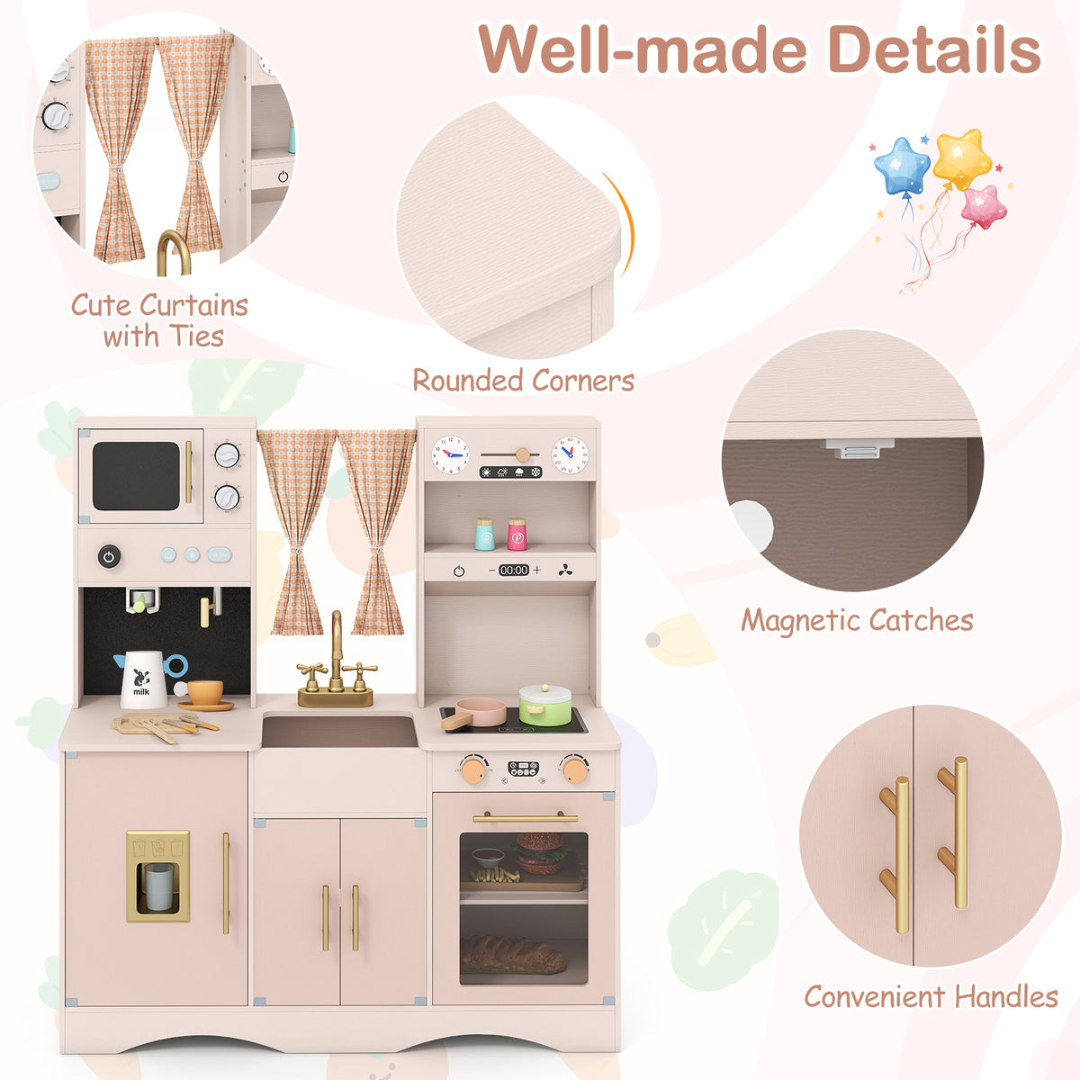 Pink Wooden Kids Kitchen Playset | Microwave Sink