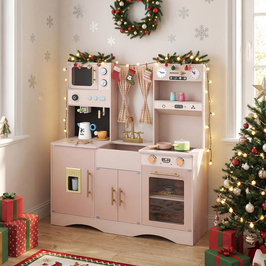 Pink Wooden Kids Kitchen Playset | Microwave Sink