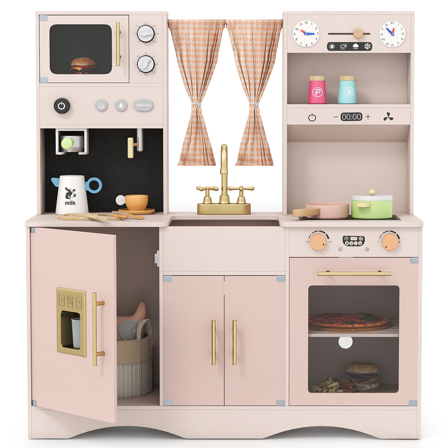 Pink Wooden Kids Kitchen Playset | Microwave Sink