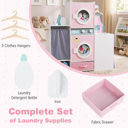 Pink Wooden Kids Laundry Playset | Dual Washer Iron Board Set