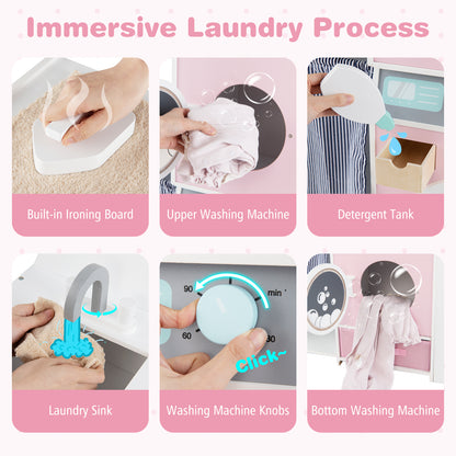 Pink Wooden Kids Laundry Playset | Dual Washer Iron Board Set