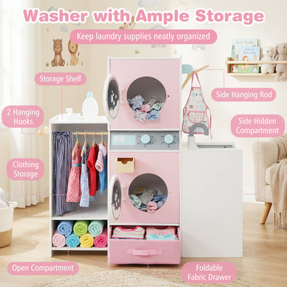 Pink Wooden Kids Laundry Playset | Dual Washer Iron Board Set