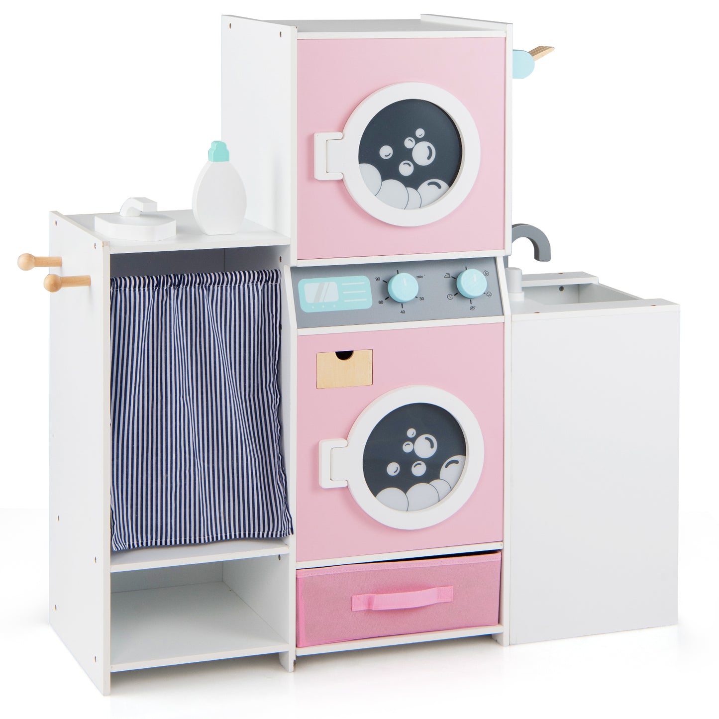Pink Wooden Kids Laundry Playset | Dual Washer Iron Board Set