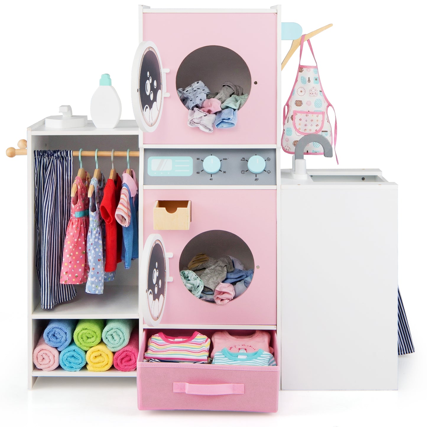 Pink Wooden Kids Laundry Playset | Dual Washer Iron Board Set