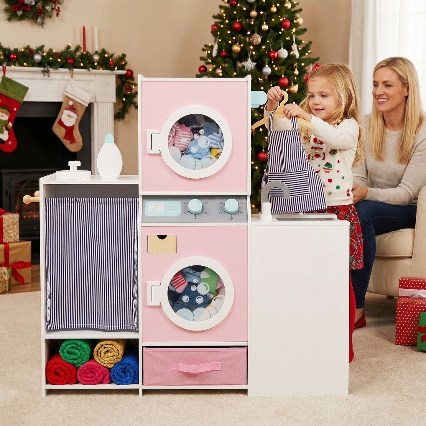 Pink Wooden Kids Laundry Playset | Dual Washer Iron Board Set