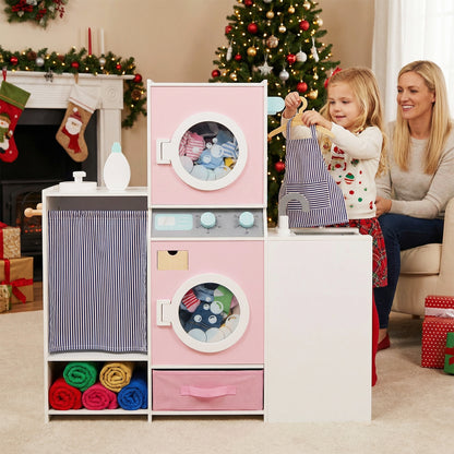 Pink Wooden Kids Laundry Playset | Dual Washer Iron Board Set