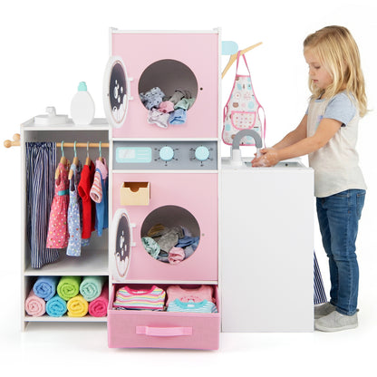 Pink Wooden Kids Laundry Playset | Dual Washer Iron Board Set